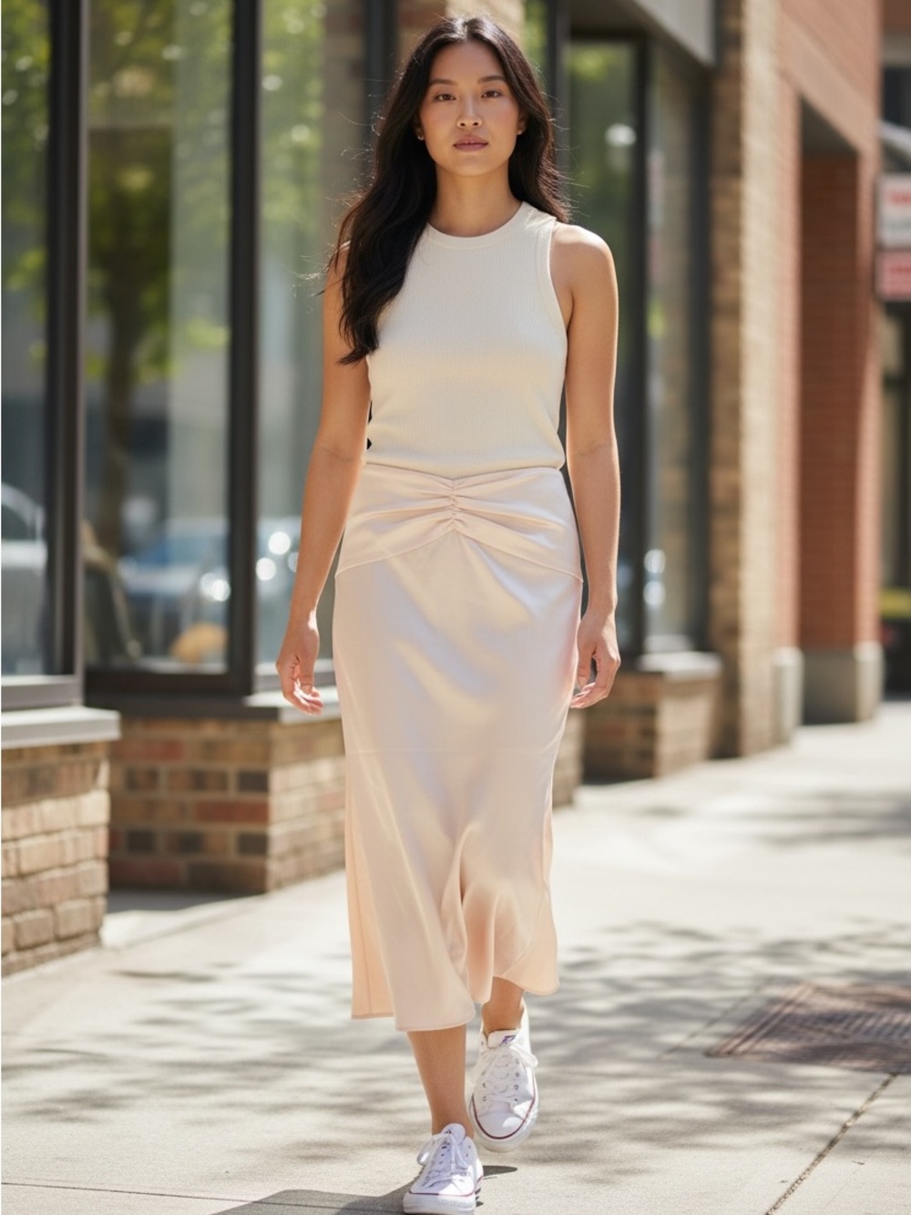 More To Come- Women's Cream Satin Twist-Front Midi Skirt Size Medium